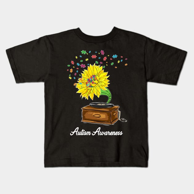 Autism Awareness Sunflower Music Box Kids T-Shirt by Dunnhlpp